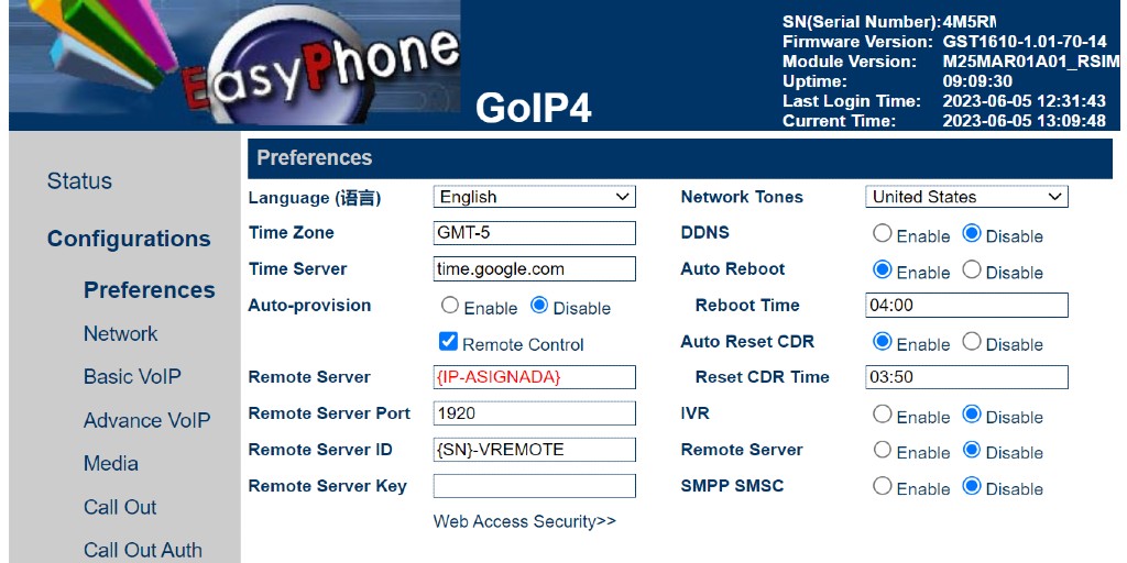 Configuración en la configuración de Gateway GoIP para asistencia remota - Voipocel
